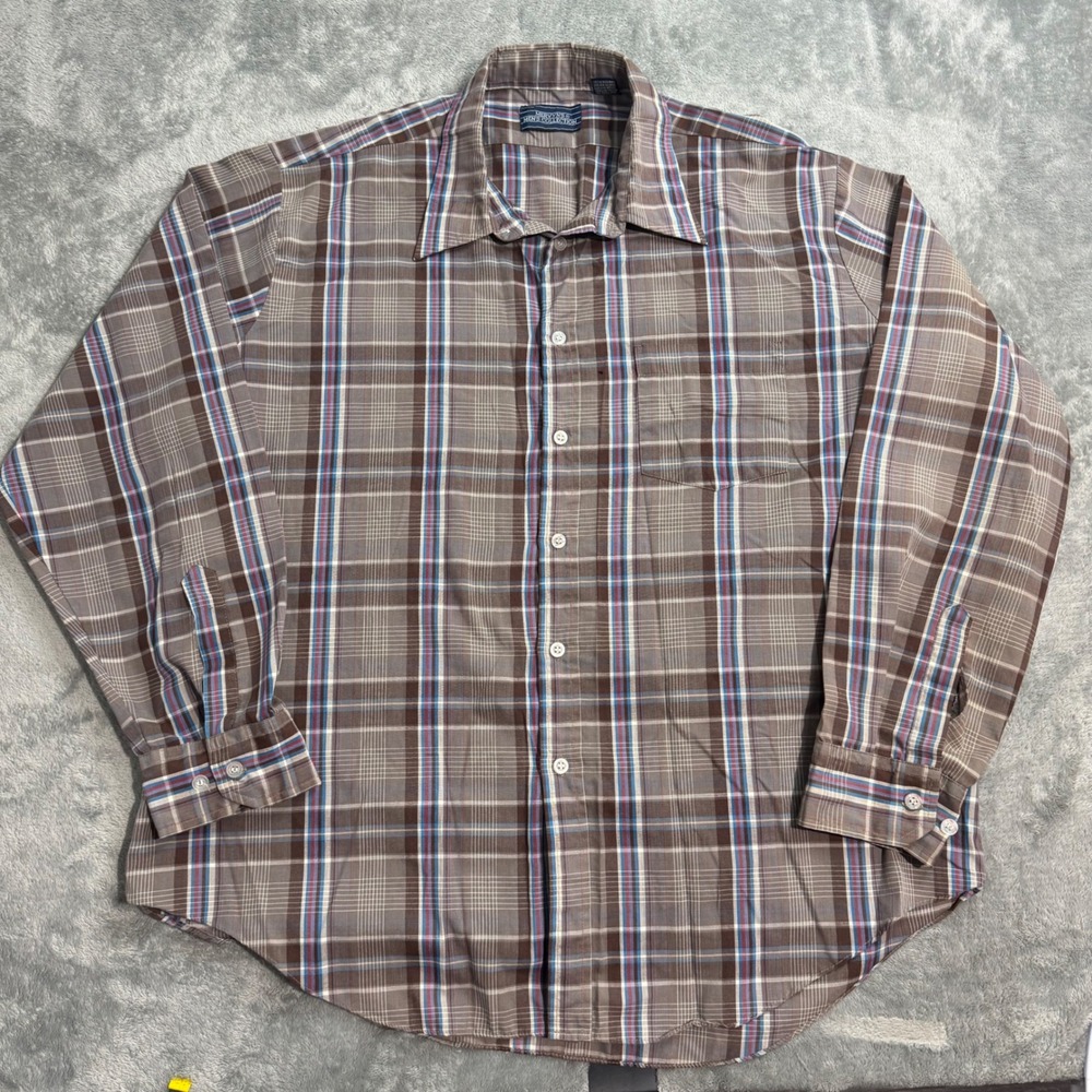 VTG 80s Mervyns Mens Collection Plaid Button Down Shirt XL Brown Blue LS